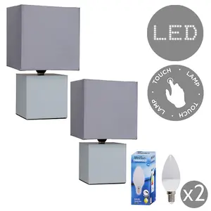 ValueLights Cubbie 2 x Grey Cube Design Touch Dimmer Bedside Table Lamps with Grey Shades and 5w Dimmable LED Candle Bulb