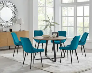 Furniturebox UK Santorini Brown Round Round Dining Table And 6 Blue Pesaro Black Leg Chairs