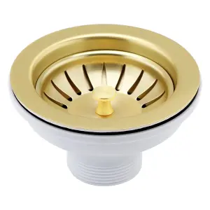 Newbury Brushed Brass Dual Lever Kitchen Sink Mixer & Basket Strainer Waste (No Overflow)