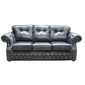 Chesterfield Handmade 3 Seater Sofa Old English Storm Black Leather In Era Style