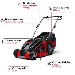 Einhell 43cm Cordless Lawnmower 36V Rotary With 2x 4.0Ah Batteries And Chargers BRUSHLESS Power X-Change - GE-CM 43 Li M Kit