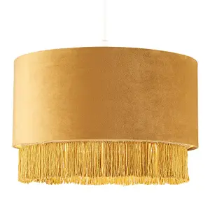 Modern Ochre Mustard Drum 14 Pendant Shade with Tassels and Embroidered Trim