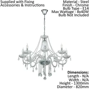 Chandelier Ceiling Light Chrome Plated Steel & Clear Glass Droplets Bulb E14 8x40W