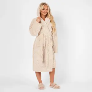 Brentfords Teddy Marl Fleece Adults Dressing Gown Full-Length Robe, Beige