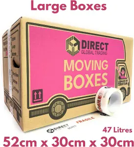 10 Strong Extra Large and 10 Large Strong Cardboard Storage Packing Boxes Quality 66 Metre Roll of Fragile Moving House Kit