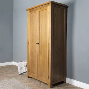 Elm Home And Garden Rustic Oak Wooden 2 Door Full Hanging Double Wardrobe 190cm High x 101cm Wide x 56cm Deep