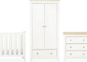 Luna 3 Piece Nursery Furniture Set (Cot Bed, Dresser & Wardrobe) - White & Oak