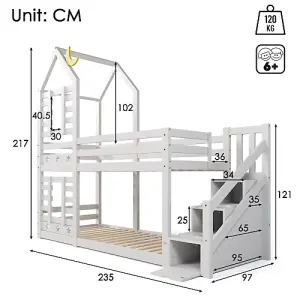 Bunk Bed Storage Children Cabin Bed Single Bed with Window for Kids, Twin Sleeper 190x90 cm, Solid Pine Wood, 3FT, White