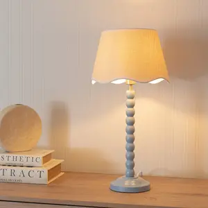 ValueLights Bobbins Powder Blue Table Lamp with Linen Scallop White Trim Shade and LED Bulb