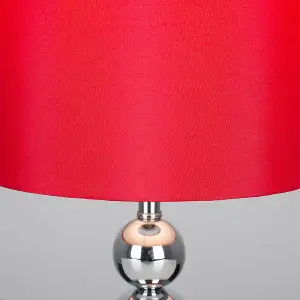 ValueLights Marissa Pair of Chrome Stacked Balls Table Lamps with Red Faux Silk Shades