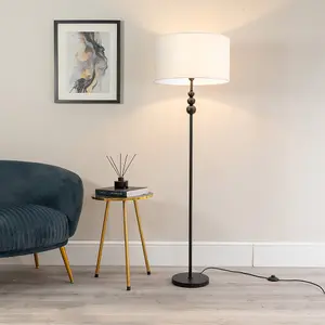 ValueLights Marissa Matt Black Stacked Ball Floor Lamp with White Drum Shade