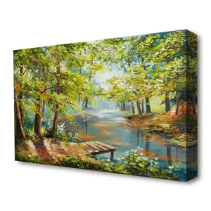 Footbridge Into The Woods Lake Art Classic - Wrapped Canvas Print 81.3cm H x 121.9cm W x 1cm D