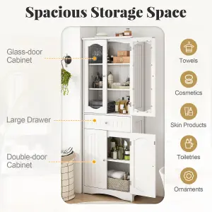 COSTWAY 160cm Tall Bathroom Cabinet Freestanding Kitchen Pantry Cabinet with 2 Glass Doors