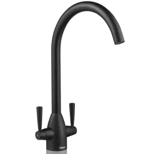 Deva Carlow Dual Lever Kitchen Sink Mixer Tap In Matte Black - Sleek & Durable Swan Neck Design - With Swivel Spout