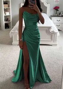 Stacees Prom Dress Sheath/Column Cowl Neck Sweep Train Silk Like Satin Pleated Split -Emerald