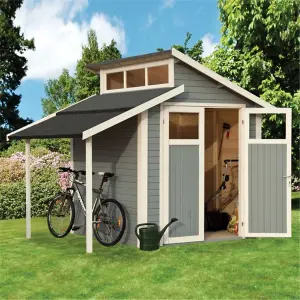 7 x 10 Skylight Shed With Lean To - Double Doors -19mm Tongue and Groove Walls, Floor + Roof - Painted With Light Grey