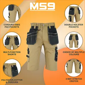 MS9 Mens Work Redhawk Cargo Combat Holster Pockets Tactical Worker Working Shorts E1, Khaki - 34W