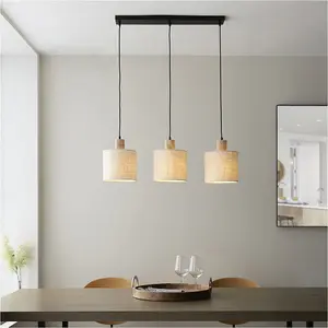 Hanging Ceiling Bar Pendant Light - Natural Eucalyptus Wood Natural Linen & Matt Black - 3 X 10W LED E27