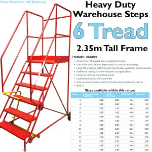 6 Tread HEAVY DUTY Mobile Warehouse Stairs Punched Steps 2.35m Safety Ladder