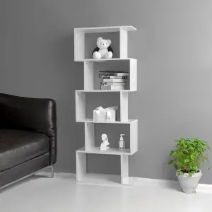 Alivio 5 Tier Wooden S-Shaped Bookcase Living Room Modern Display Shelves Storage - White