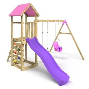 Rebo Adventure Wooden Climbing Frame, Swing Set and Slide - Rainier Pink