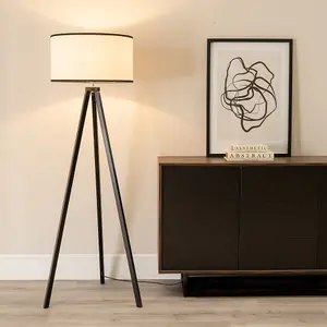 ValueLights Barbro Black Wood Tripod Floor Lamp with Natural Linen with Black Trim Drum Shade