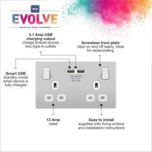 BG Evolve Brushed Steel Double Switched 13A Power Socket + 2 X USB (3.1A)