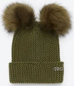 River Island Womens Khaki Double Pom Pom Beanie