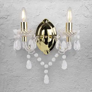 First Choice Lighting Set of 2 Marie Therese 2 Lights Clear & Gold Wall Bracket Chandelier Lights