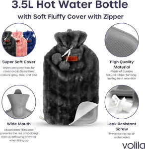 3.5L XXL Grey Hot Water Bottle with Zipper & Hand Pocket Soft Faux Fur, Washable Bag for Pain Relief, Warmer & Hot/Cold Compress