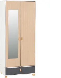 Brooklyn 2 Door 1 Drawer Mirrored Wardrobe in Oak Effect and Grey Finish