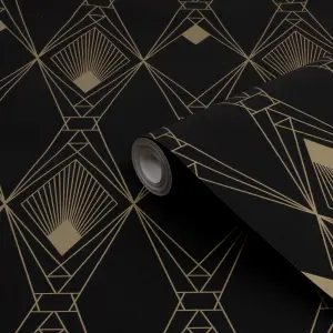 Next Deco geometric Black Metallic effect Smooth Wallpaper Sample