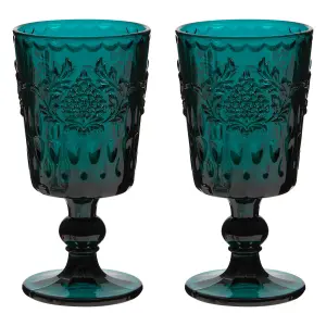 Set of 2 Luxury Embossed Dark Green Drinking Wine Glass Wine Goblets 290ml