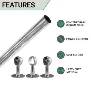 EAI - Hanging Wardobe Rail Kit - 25mm Tube - 1219mm Rail with 2x End Brackets & 1x Centre Brackets - Polished Chrome