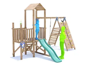 Dunster House Wooden Climbing Frame with Swing, Tall Climbing Wall & Slide BalconyFort High Platform