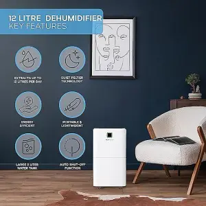 MONHOUSE 12L/Day Digital Dehumidifier - Portable Electric Mould Damp Condensation Remover - Quiet Moisture Absorber