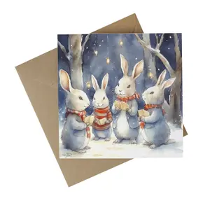 Eco-Friendly Christmas Cards - Recycled Card Plastic Free Xmas Greetings Card Gift - Carolling Bunnies - Pack of 11