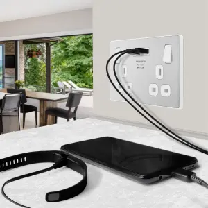 BG Evolve Brushed Steel Double Switched 13A Power Socket + 2 X USB (3.1A)