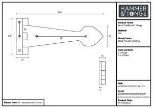 Hammer & Tongs Traditional T-Hinge - W245mm - Black - Pack of 2