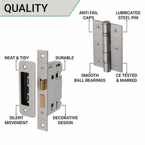 EAI Satin Door Handle T-Bar Lever on Rose Lock Kit / Pack - 64mm Sash Lock & 76mm Hinges - Satin Nickel