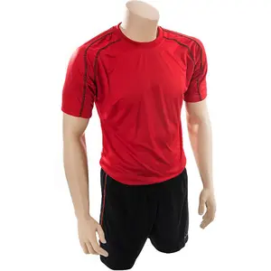 M JUNIOR Short Sleeve Training Shirt & Short Set - RED/BLACK PLAIN Football Kit