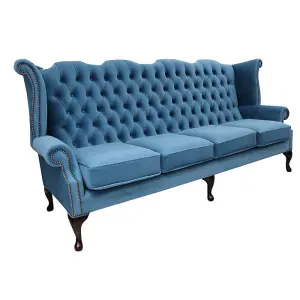 Chesterfield 4 Seater High Back Wing Sofa Amalfi Cadet Blue Velvet In Queen Anne Style