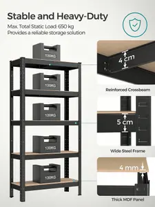 SONGMICS  Shelving Unit, 150 X 75 X 30 Cm, Max. Load 650 Kg (130 Kg Per Tier), Storage Rack, Black And Rustic Brown