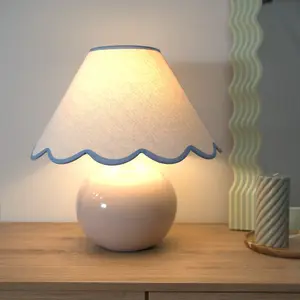 ValueLights Bosco Stone Natural Ceramic Table Lamp with Blue Trim Scallop Shade - LED Bulb Included