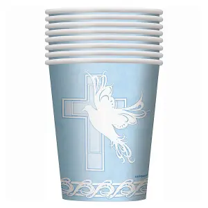 Unique Party Paper Dove Cross Christening Disposable Cup (Pack of 8) Blue (One Size)