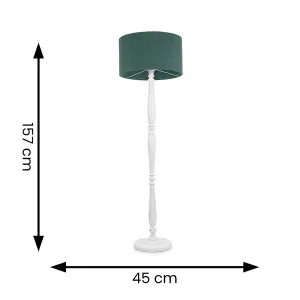 ValueLights Victoria Traditional White Wood Candlestick Floor Lamp with Forest Green Drum Shade - LED Bulb Included