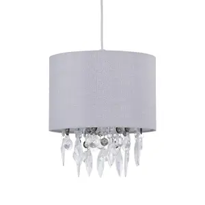 First Choice Lighting Set of 2 Fiji Grey Linen with Silver Fleck Detail Jewelled Pendant Shades