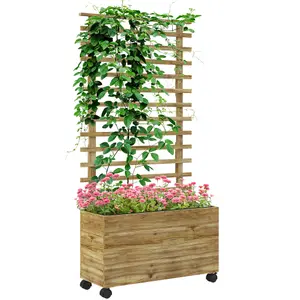 Outsunny Garden Wooden Trellis Planter Box Raised Bed w/ 4 Wheels, Natural