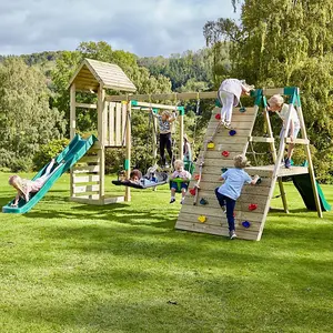 Rebo Wooden Climbing Frame with Swings, 2 Slides, Up & over Climbing wall and Monkey Bars - Cairngorm