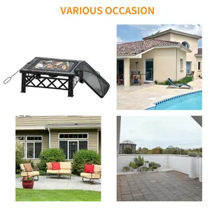 Outsunny 76cm Square Garden Fire Pit Square Table w/ Poker Mesh Cover Log Grate